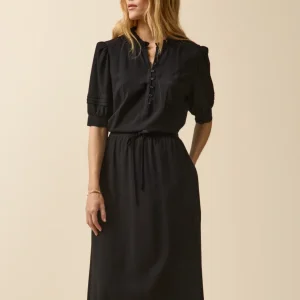 Robe longue unie col volanté viscose dobby femme