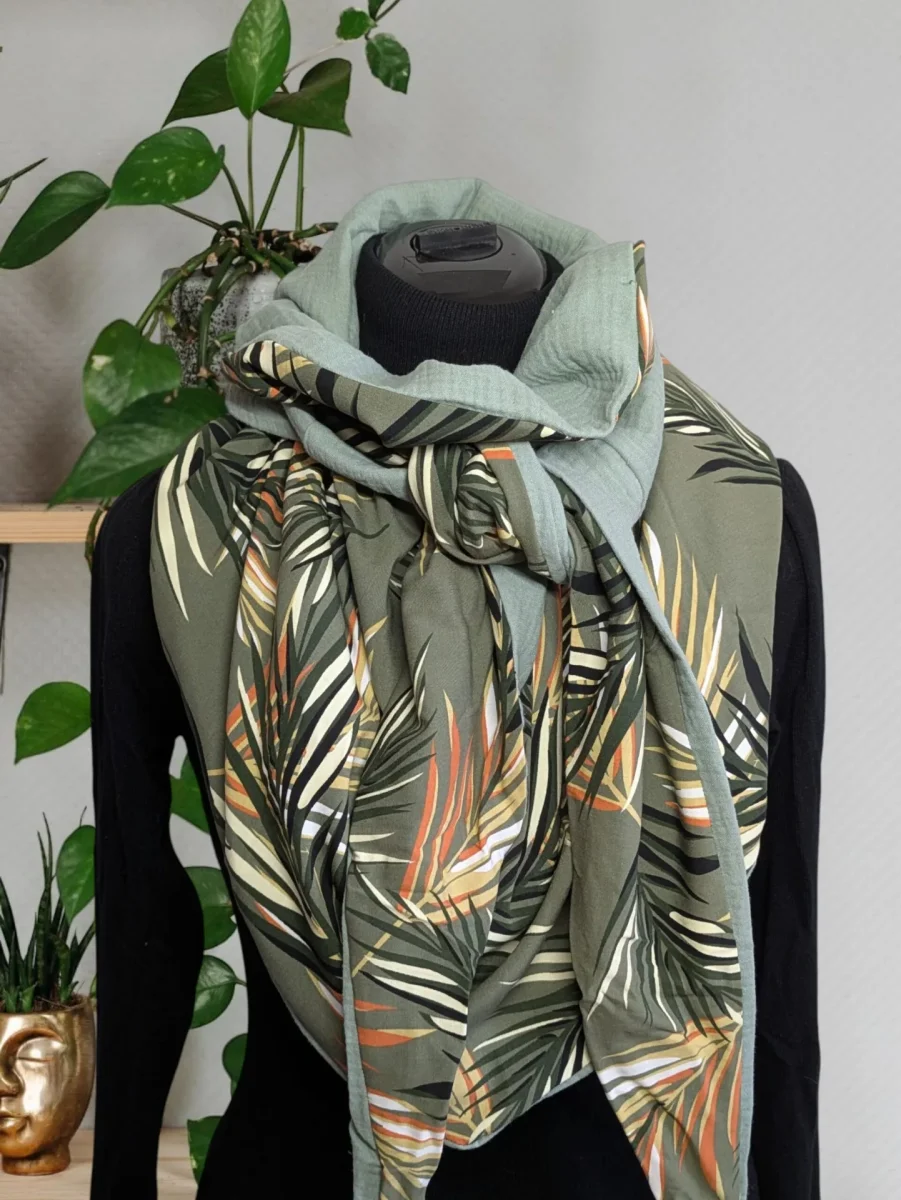 Chèche, écharpe, foulard triangle | Mi-saison | Jardin tissé vert – Image 3