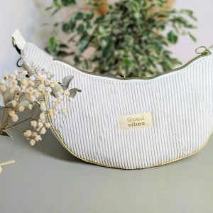 Sac à main demi-lune velours côtelé Beige liseré doré