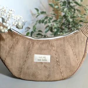 Sac à main demi-lune velours côtelé Marron