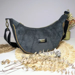 Sac à main demi-lune velours côtelé noir